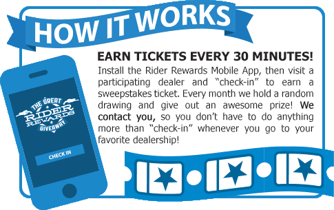 How It Works: Earn a sweepstakes ticket every 30 minutes, with the Rider Rewards app.